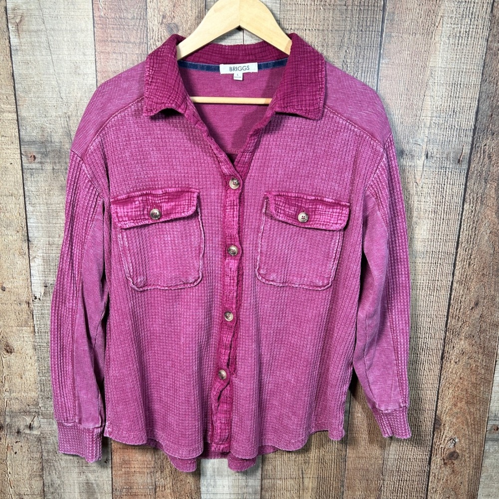Briggs Pink Cotton Blend Waffle Knit Mixed Media Button Down Shacket Shirt Large
